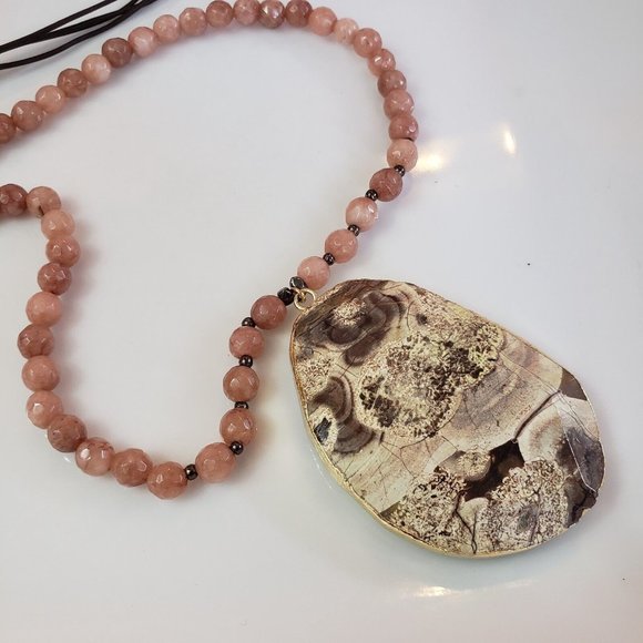 Large Gray & White Jasper Stone Pendant on Brown Cord Necklace Pink Agate Beads - Picture 5 of 12